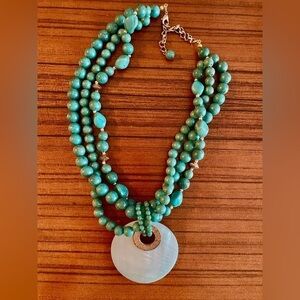 80’s Turquoise blue bead necklace w/ mother  of pearl disc pendant.